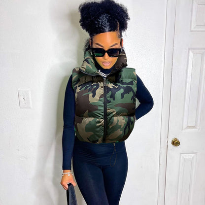 Street Camouflage Vest Quilted Stand Collar Zipper Sleeveless Short Shipment Cotton Padded Coat - Wanita Store