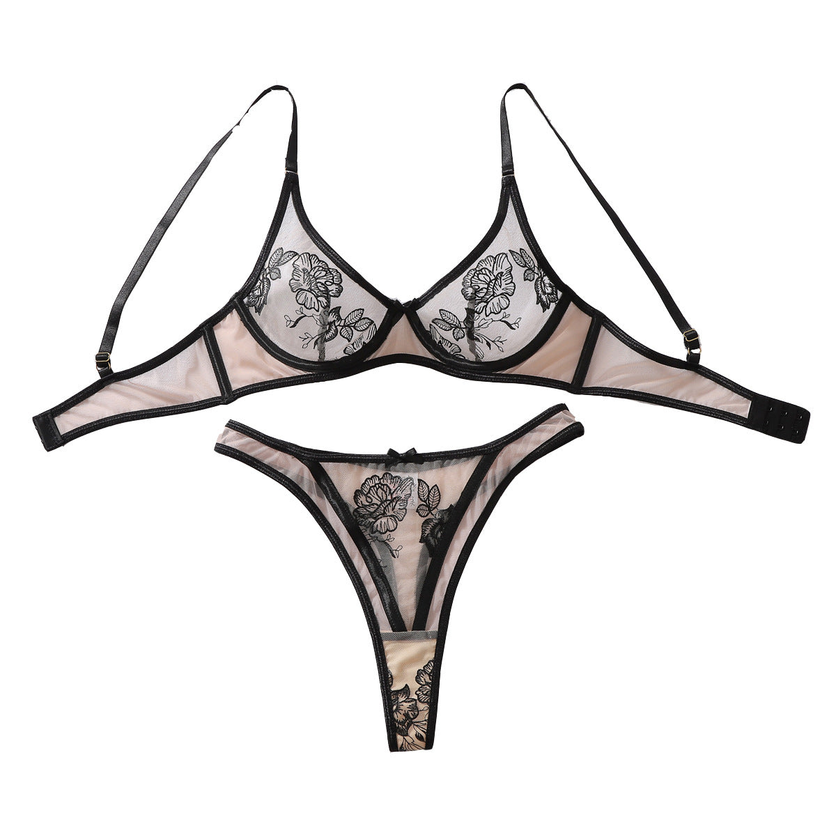 Simple Comfortable Sexy Floral Embroidery Stitching Sheer Mesh Shapewear Split Sets