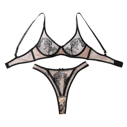 Simple Comfortable Sexy Floral Embroidery Stitching Sheer Mesh Shapewear Split Sets