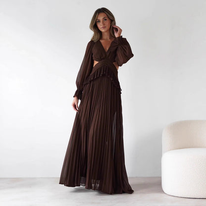 Robe à manches longues et dos nu plissée à la taille pour femme