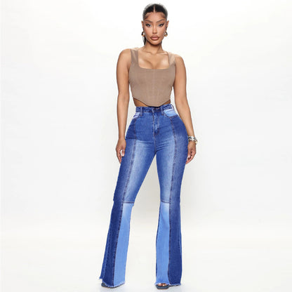 Jeans Women Stretch High Waist Dual Color Patchwork Trousers - Wanita Store