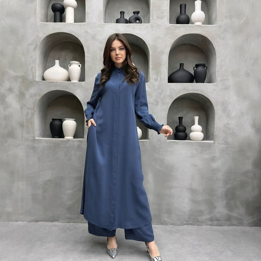 Women Clothing Multi Button Long Sleeve Split Stand Collar Shirt Casual Straight Pants Two Piece Set