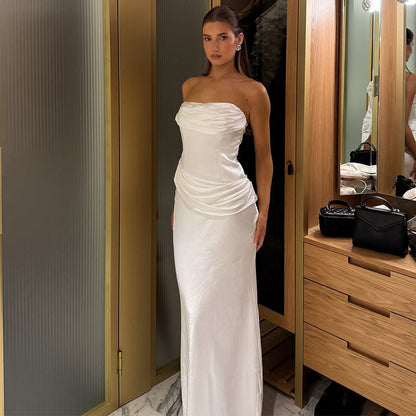 Summer Women Solid Color Graceful Satin Pleated Slim Tube Top Dress - Wanita Store