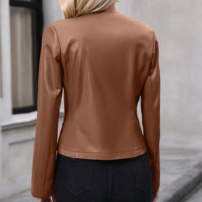 Casual Long Sleeve Solid Color Jacket Coat Top Faux Leather Motorcycle Leather Coat for Women - Wanita Store