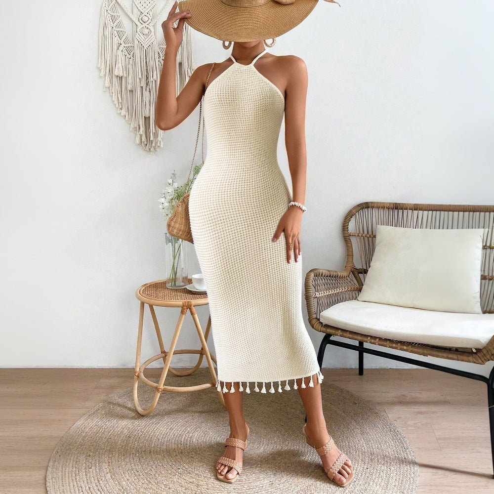 Robe d'été à pampilles, dos nu, à lacer, élégante, en tricot, mi-longue pour le voyage