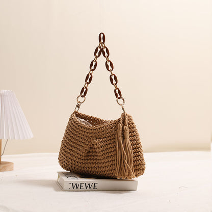 Underarm Cotton Thread Woven Bag Tassel One Shoulder Straw Bag Vacation Beach Bag Niche Women Bag - Wanita Store