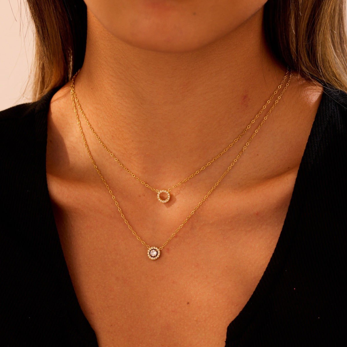 Minimal Art Double Layer Diamond Design Stainless Steel Necklace Women All Match Advanced Texture Necklace - Wanita Store
