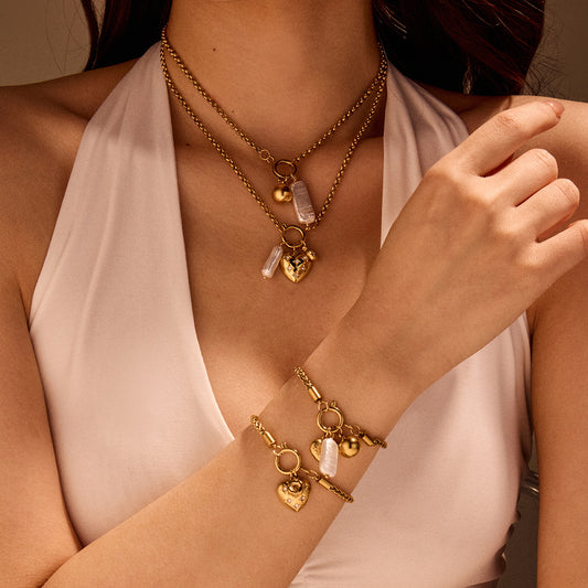 Necklace Bracelet Diamond Embedded Love Embellished Necklace Light Luxury Minority Advanced Stainless Steel Bracelet Women - Wanita Store