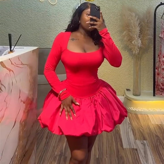 Women Clothing Summer Square Collar Solid Color Long Sleeve Slim Fit Bud Dress