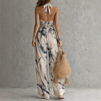 Ink Printing Wide Leg Pocket Jumpsuit Casual Sleeveless Halter Tied Jumpsuit
