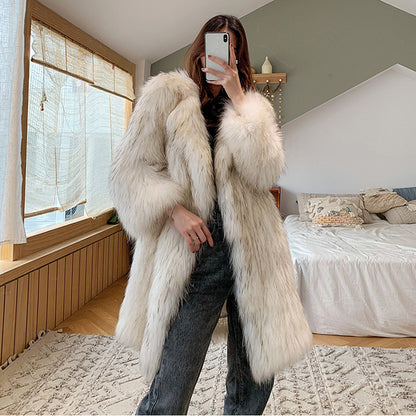 Women Raccoon Fur Coat Women Long Fox Fur Collar Fur Coat Loose Casual Trench Coat - Wanita Store