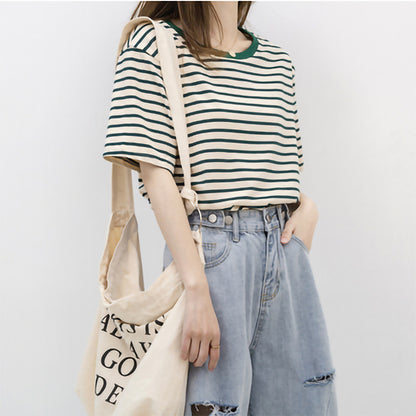 Women Short Sleeved T shirt Summer Thin Loose Cotton Green Striped T shirt Women Top Clothes - Wanita Store