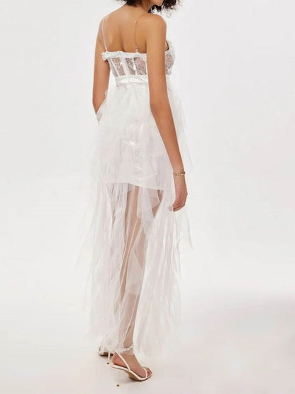 Women Clothing Mesh Stitching Sexy Strap Lace See through Wedding Dress Wedding Dress - Wanita Store