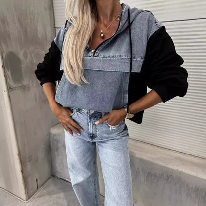 Fall Loose Casual Washing Water Denim Stitching Hooded Women Sweatshirt - Wanita Store
