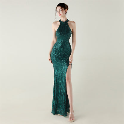 Sequin Mesh Heavy Industry Beaded Tube Floral Evening Dress Sexy Backless Fishtail Party Dinner Party Red Carpet - Wanita Store