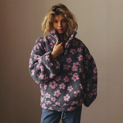Women Polar Fleece Floral Autumn Winter Sweater Warm Furry Fleece Pullover - Wanita Store