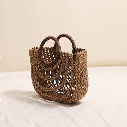 Hollowed out Semicircle Portable Straw Weaved Bag Round Handle Contrast Color Straw Bag Woven Bag Women Seaside Vacation Beach Bag - Wanita Store