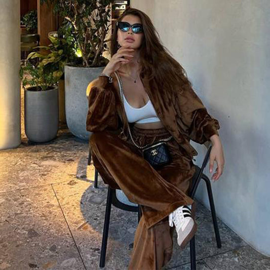 Early Autumn Gold Velvet Zipper Drawstring Casual Suit Women