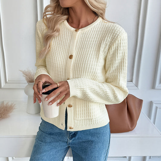 Autumn Winter Casual Korean Metal Button Cardigan Solid Color Sweater Coat for Women