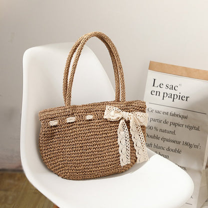 Bow Woven Bag Shoulder Hand Woven Straw Bag Seaside Vacation Beach Bag Women Bag - Wanita Store