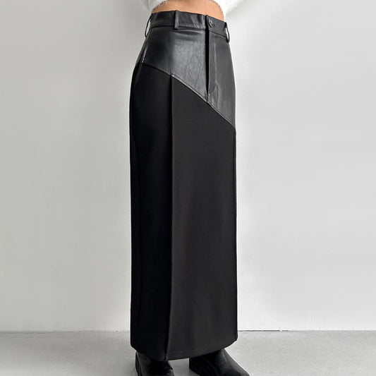 Women Clothing Retro Faux Leather Stitching Design Half Length Skirt Women Wild High Waist Slit Hip Skirt