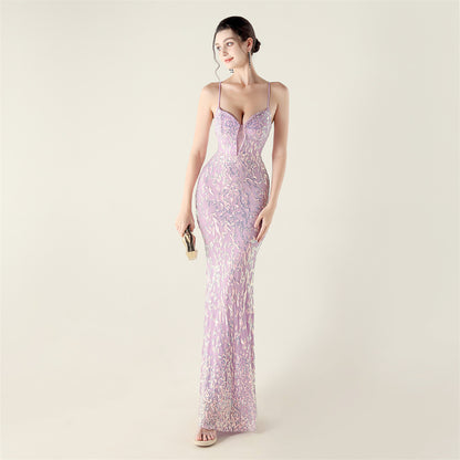 Beaded Embroidery Sequined Waist Trimming Lace up Deep V Plunge Heart Strap Evening Dress Cocktail Party - Wanita Store