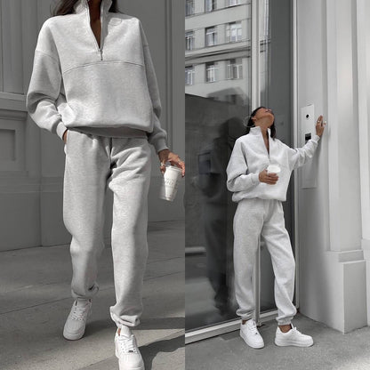 Women Long Sleeved Zipped Stand Collar Sweater Suit Autumn Winter Comfort Loose Sports Casual Sweater Two Piece Set - Wanita Store