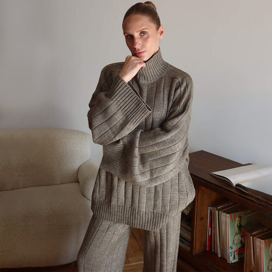 Turtleneck Knitting Autumn Winter Sunken Stripe Loose Fitting Comfortable Sweater Wide Leg Pants Two Piece Set
