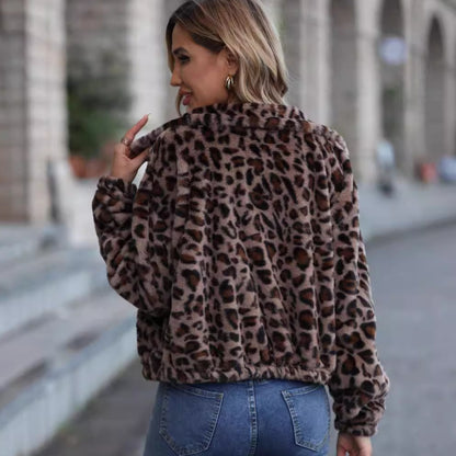 Flash Velvet Women Clothing Autumn Winter Loose Zip Long Sleeve Leopard Print Plush Coat - Wanita Store