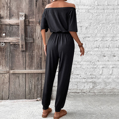 Women Casual Vacation Jumpsuit off Shoulder Solid Color One Piece Trousers - Wanita Store
