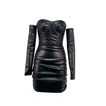 Tube Top Package Hip Dress Spring Summer Sexy off Shoulder Pleated Leather Boning Corset Waist Controlled - Wanita Store