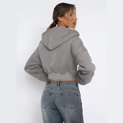 Street Long Sleeved Top Fleece Zipper Cardigan Hoodie Casual Coat for Women - Wanita Store