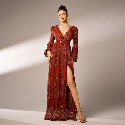 High End Long Sleeved Elegant V Neck Sexy Long Sequined Cocktail Evening Dress Bridesmaid Dress Dress Women - Wanita Store