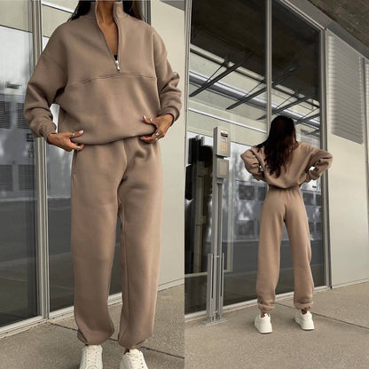 Women Long Sleeved Zipped Stand Collar Sweater Suit Autumn Winter Comfort Loose Sports Casual Sweater Two Piece Set - Wanita Store