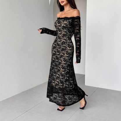 Autumn Winter Long Sleeve Lace off Neck Slim Slimming Maxi Dress Women - Wanita Store