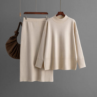 Solid Color Turtleneck Sweater Slit Half-Length Hip Skirt Two-Piece Set Autumn Winter Knitting Suit Women's - Wanita Store
