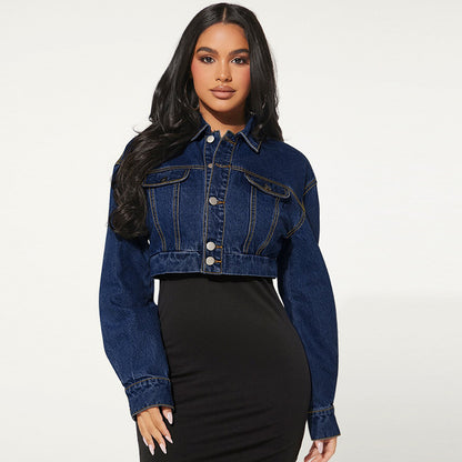 Women Clothing Denim Elastic Button Cardigan Long Sleeve Short Denim Coat Outlet - Wanita Store