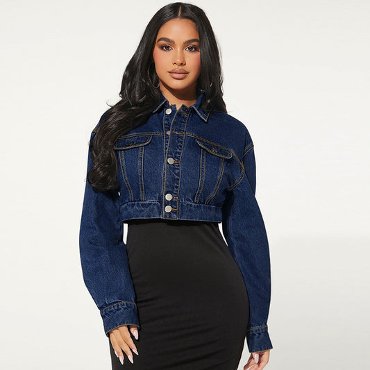 Women Clothing Denim Elastic Button Cardigan Long Sleeve Short Denim Coat Outlet