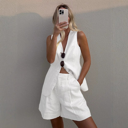 Cotton Linen Vest Shorts Set Summer Office Vest Shorts Set Casual Women - Wanita Store