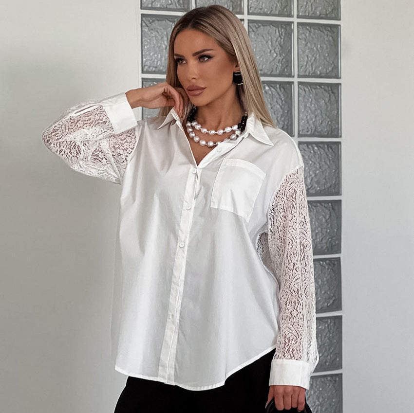 Spring Lace Stitching Hollow Out Cutout Backless Design Long Sleeve Collared Office Shirt for Women - Wanita Store
