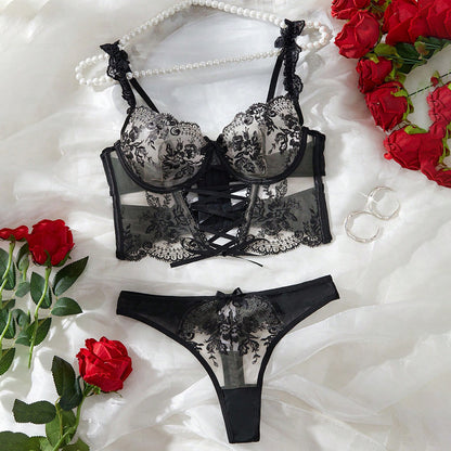 Sexy Underwear Lace See through Embroidered Bra T Back Two Piece Passion Pajamas - Wanita Store