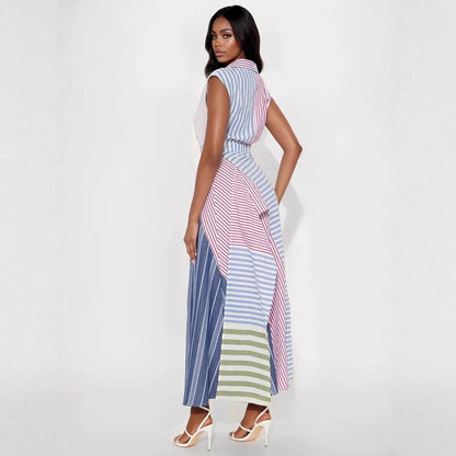 Women Clothes Cool Contrast Color Patchwork Stripes V neck Dress Irregular Asymmetric Cinched A line Dress - Wanita Store