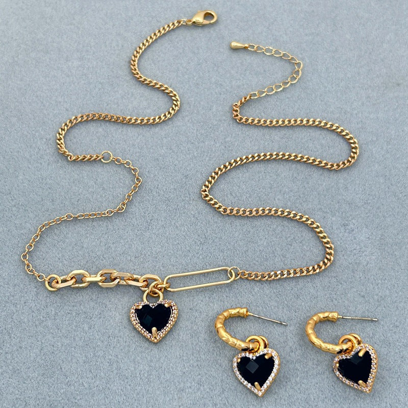 Summer Sweet Loving Heart Micro Inlaid Zircon All Match Earrings Chain Clavicle Chain Women - Wanita Store