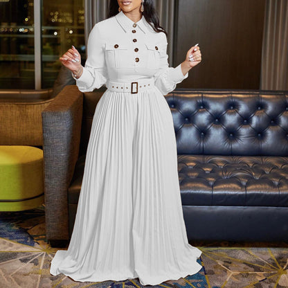 Belt Women Clothing Spring Summer Long Sleeve Casual Loose Pleated Wide Leg Jumpsuit - Wanita Store