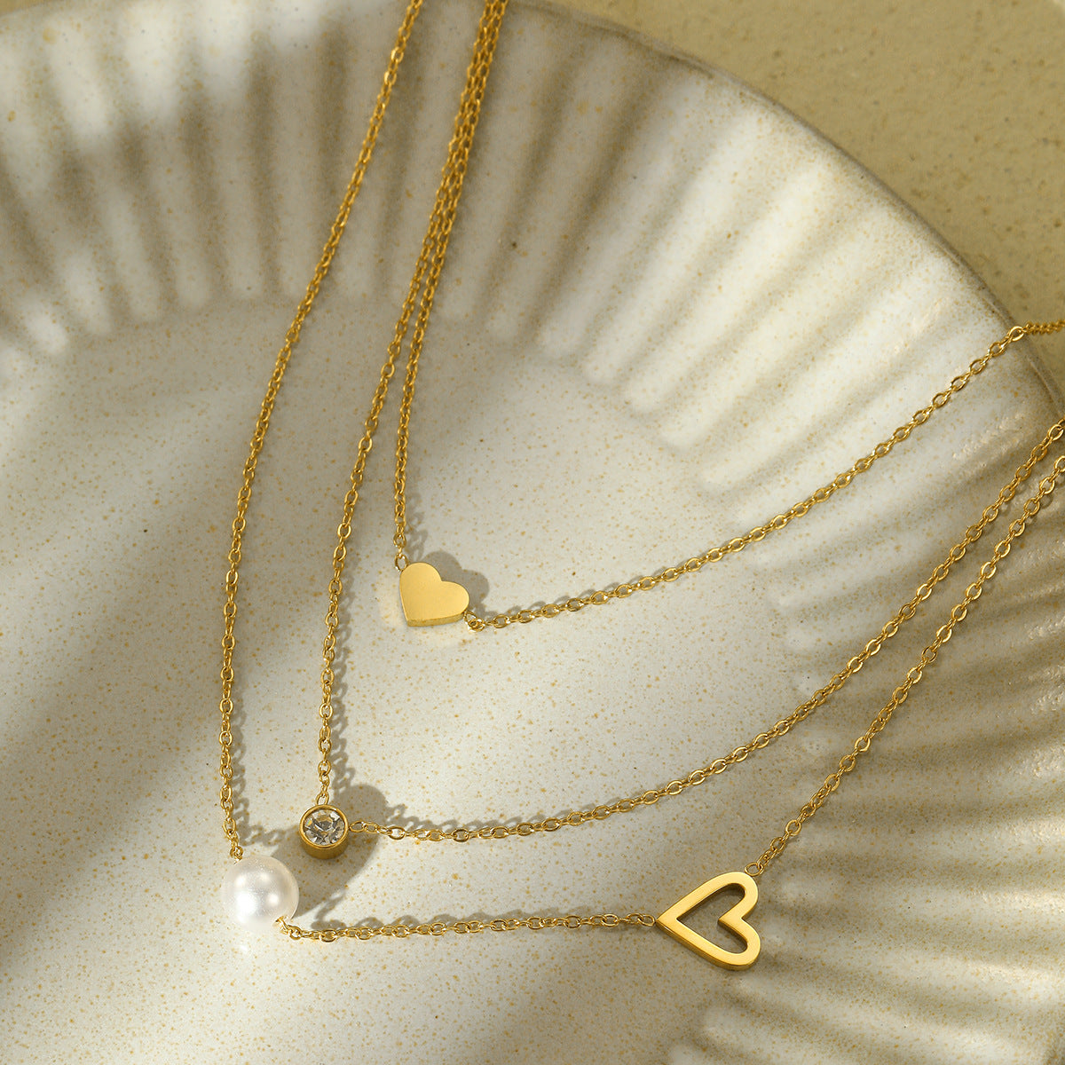 Fashionable Simple 18K Gold Stainless Steel Lovely Pearl Zircon Clavicle Three Chain Twin Necklace for Women - Wanita Store