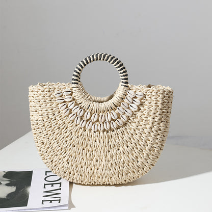 Retro Straw Bag Portable Semicircle Shell Handmade Straw Bag Woven Bag Women Seaside Vacation Beach Bag - Wanita Store