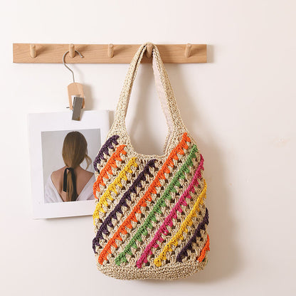 Colorful Striped Shoulder Straw Bag Hollow Out Cutout Woven Bag Vacation Beach Bag Casual Women Bag - Wanita Store