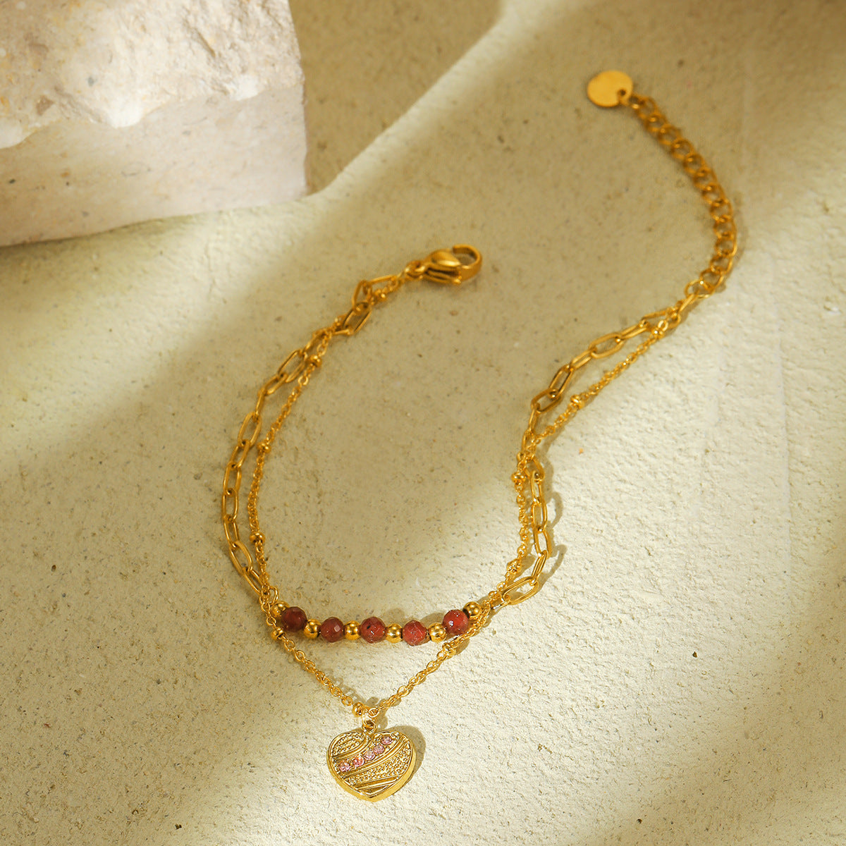 Red Natural Stone Heart Shape with Diamond Stainless Steel Bracelet Women High Grade Titanium Steel Bracelet - Wanita Store