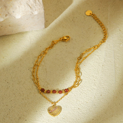 Red Natural Stone Heart Shape with Diamond Stainless Steel Bracelet Women High Grade Titanium Steel Bracelet - Wanita Store