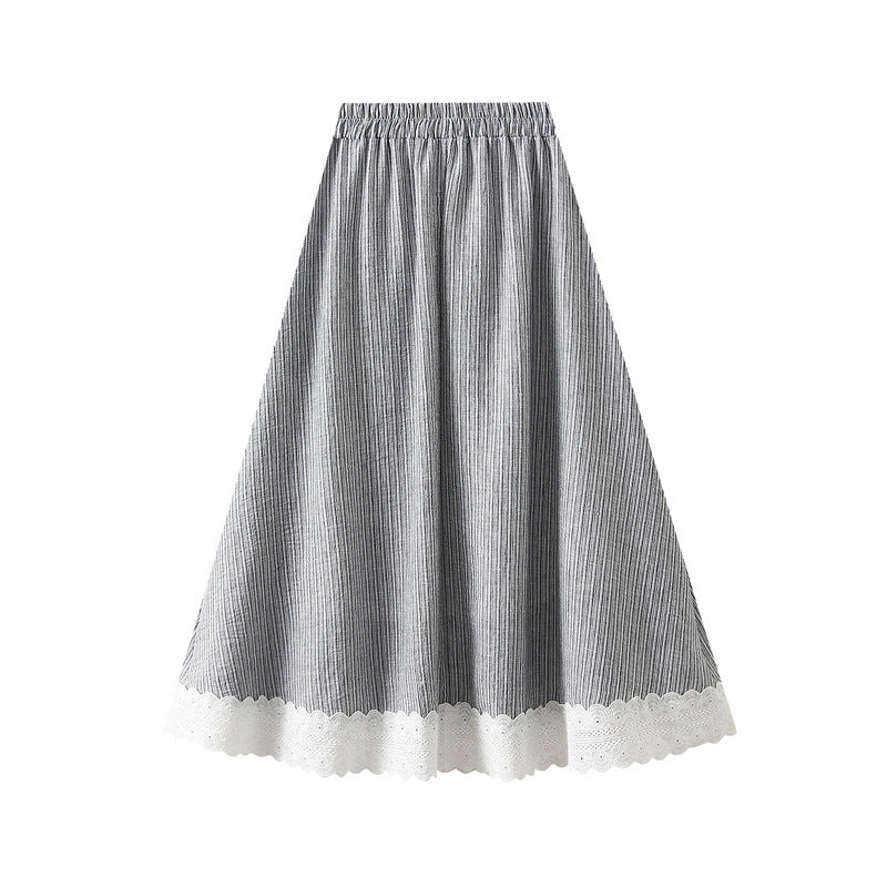 Plaid Skirt Women Spring Summer Loose Casual Elastic Waist Mid Length Lace Edge Patchwork A line Skirt